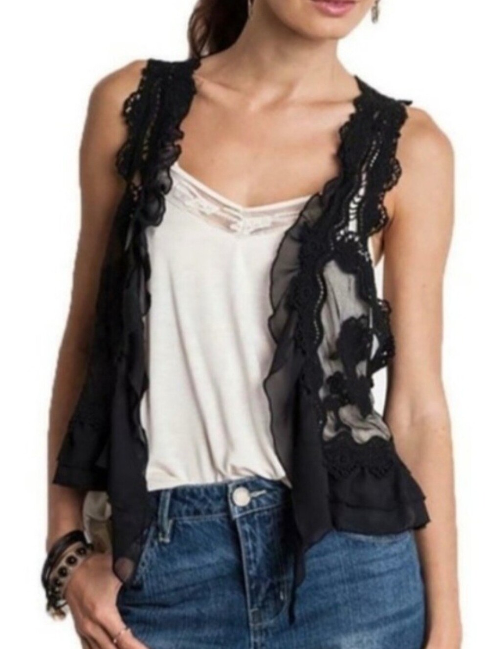 Boho [umgee] Lace Vest | Feminine + Sheer Crochet | Black Top Layer Scarf S/M